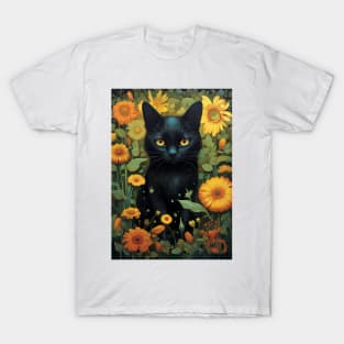 Black Cat Among Flowers T-Shirt